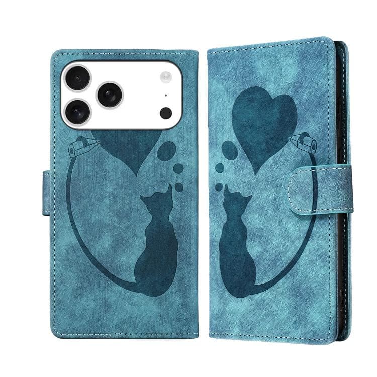 For iPhone 17 Pro Max Pen Heart Cat Embossed Leather Phone Case(Blue) - Immagine 1