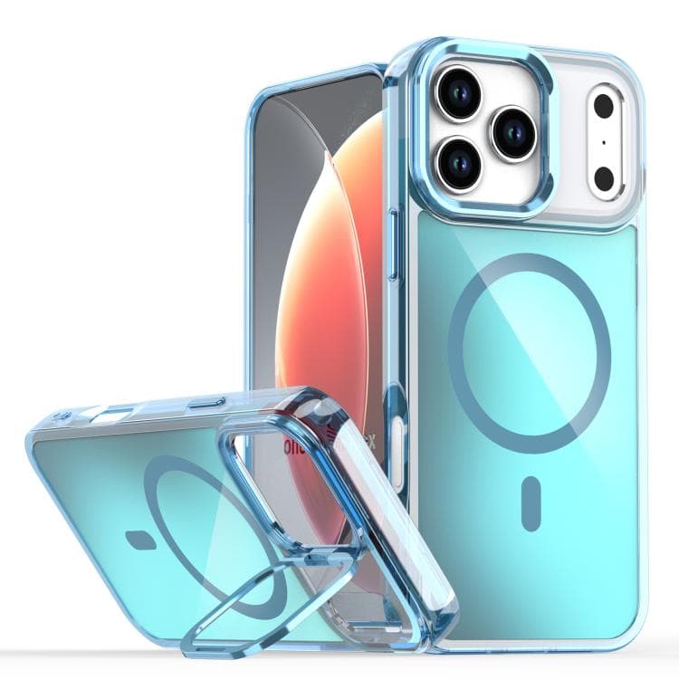 For iPhone 17 Pro Max Plating Gradient Discolor MagSafe Phone Case with Holder(Blue) - Immagine 1
