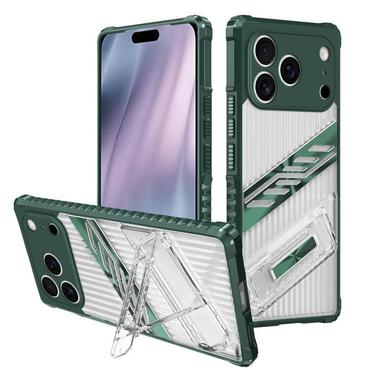 For iPhone 17 Pro Max Plating Holder PC Hybrid TPU Phone Case(Dark Green) - Immagine 1