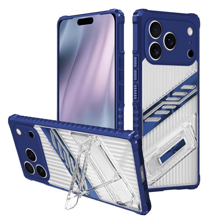 For iPhone 17 Pro Max Plating Holder PC Hybrid TPU Phone Case(Navy Blue) - Immagine 1