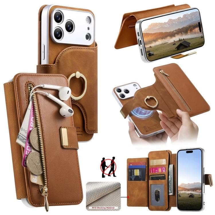 For iPhone 17 Pro Max Precision Hole Silver-Edged Ring RFID Blocking Zipper Wallet Magnetic Vegan Leather Phone Case(Brown) - Immagine 1
