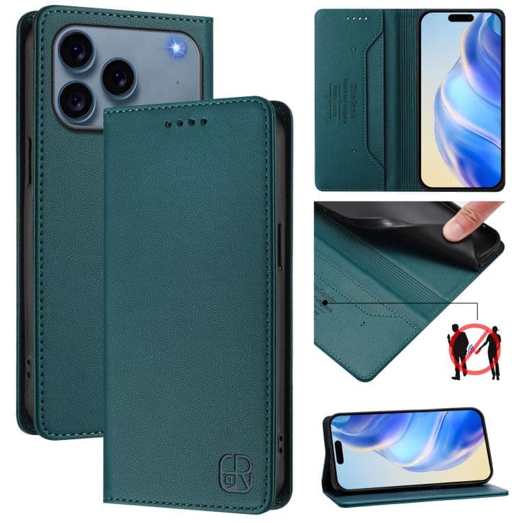 For iPhone 17 Pro Max RC01 Dual-Folded Magnetic Suction RFID Leather Phone Case(Dark Green) - Immagine 1