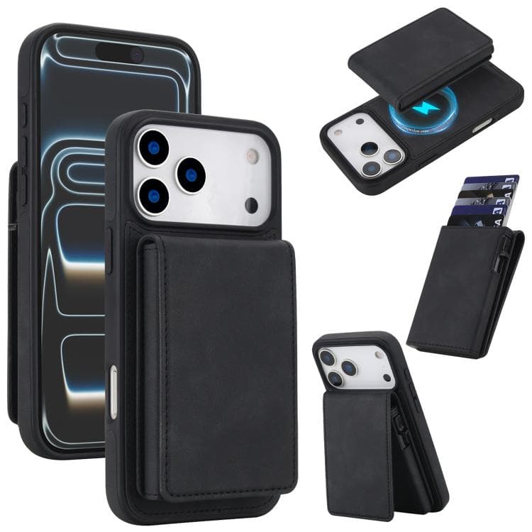 Custodia in similpelle retrò per iPhone 17 Pro Max con portacarte a molla staccabile e blocco RFID (Nero) - Immagine 1