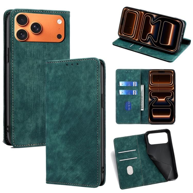 For iPhone 17 Pro Max RFID Anti-theft Brush Magnetic Leather Phone Case(Green) - Immagine 1