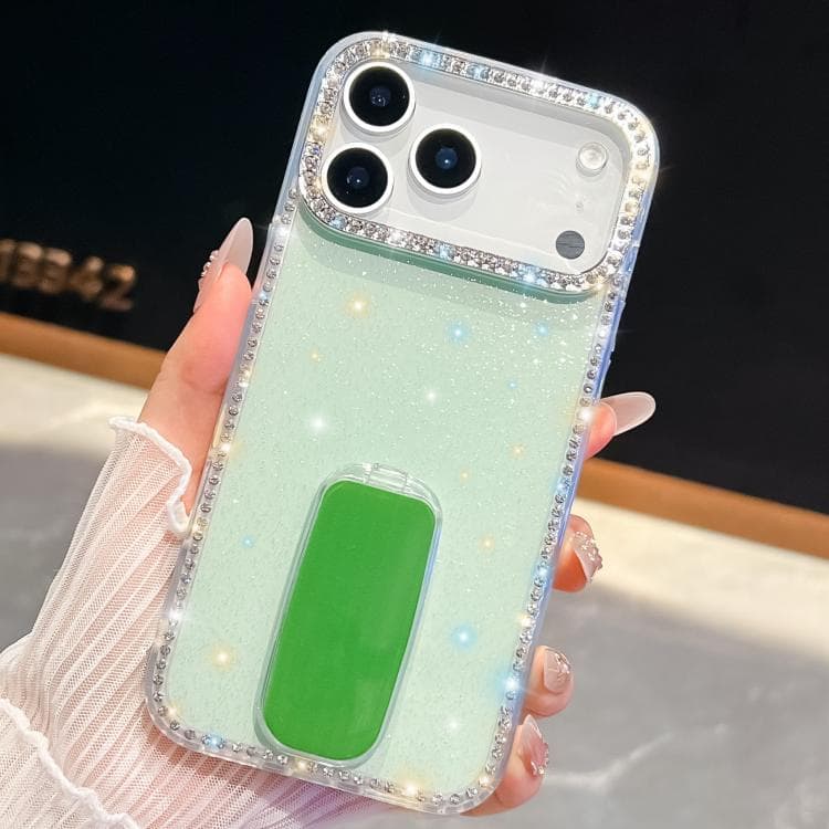 For iPhone 17 Pro Max Rhinestone Glitter TPU 4-corners Anti-fall Phone Case with Holder(Light Green) - Immagine 1