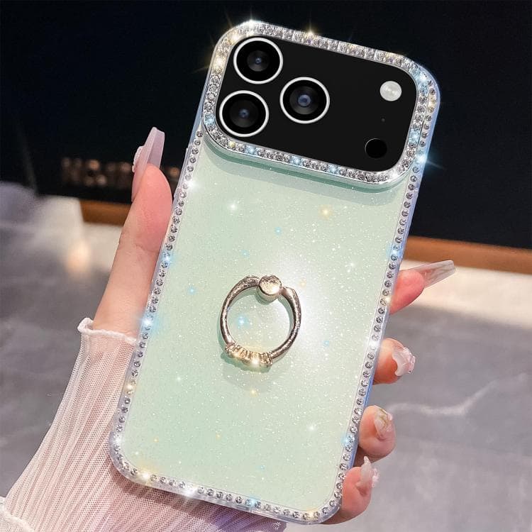 For iPhone 17 Pro Max Rhinestone Glitter TPU Ring Holder Anti-fall Phone Case(Light Green) - Immagine 1