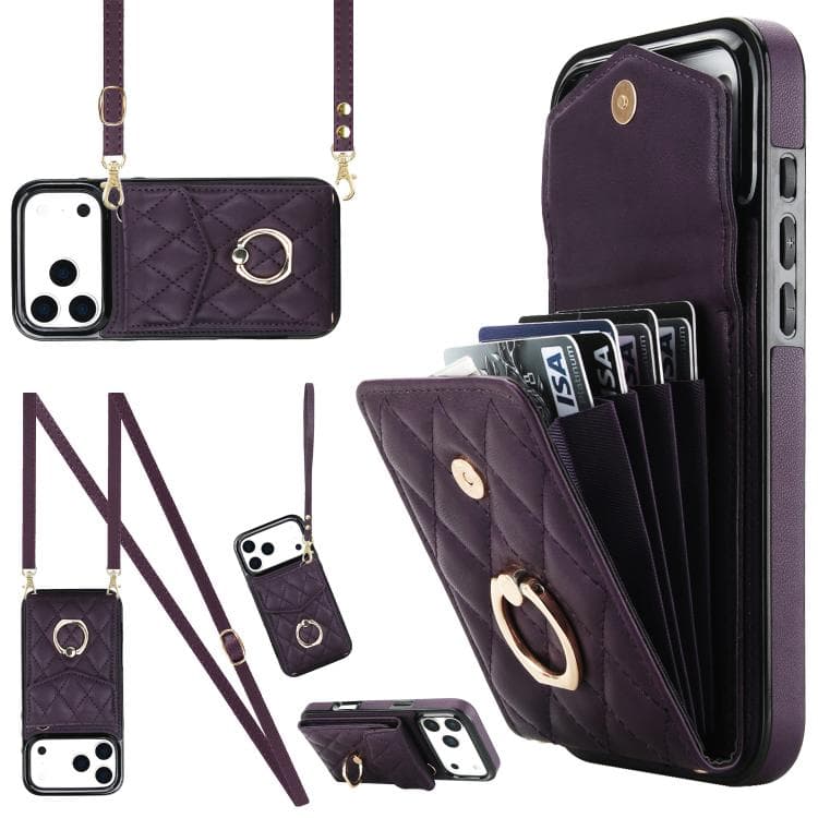 Custodia per iPhone 17 Pro Max con texture a rombi e portacarte con laccetto lungo (Viola scuro) - Immagine 1