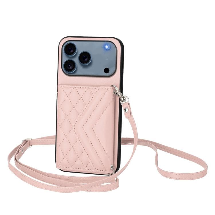 For iPhone 17 Pro Max Rhombic Texture Card Bag RFID Phone Case with Long Lanyard(Rose Gold) - Immagine 1