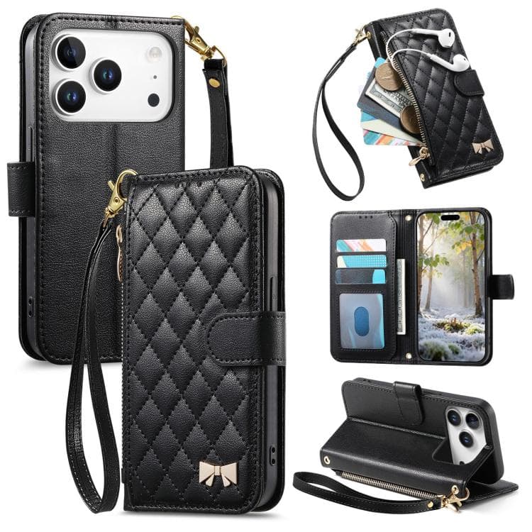 For iPhone 17 Pro Max Rhombic Texture Zipper Wallet Metal Bow-knot Vegan Leather Phone Case with Strap(Black) - Immagine 1