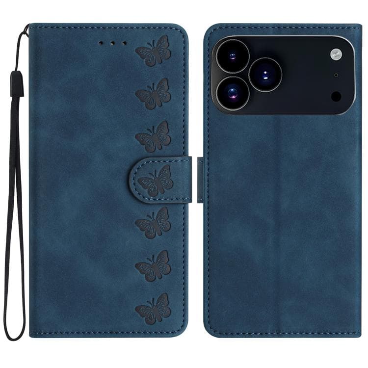 For iPhone 17 Pro Max Seven Butterflies Embossed Leather Phone Case(Blue)