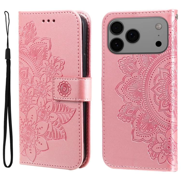 Custodia in pelle con fiori a sette petali per iPhone 17 Pro Max (Rosa Oro) - Immagine 1
