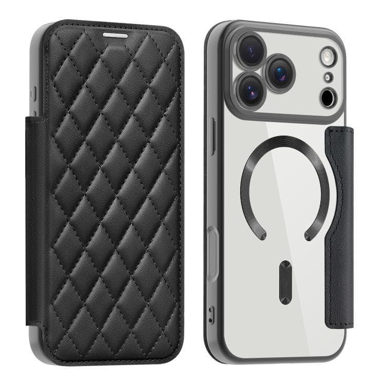 For iPhone 17 Pro Max Shield Magsafe RFID Anti-theft Rhombus Leather Phone Case(Black) - Immagine 1