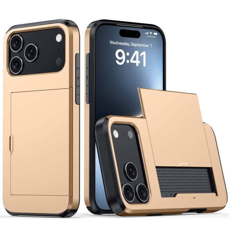 For iPhone 17 Pro Max Shockproof Armor Phone Case with Card Slot(Gold)