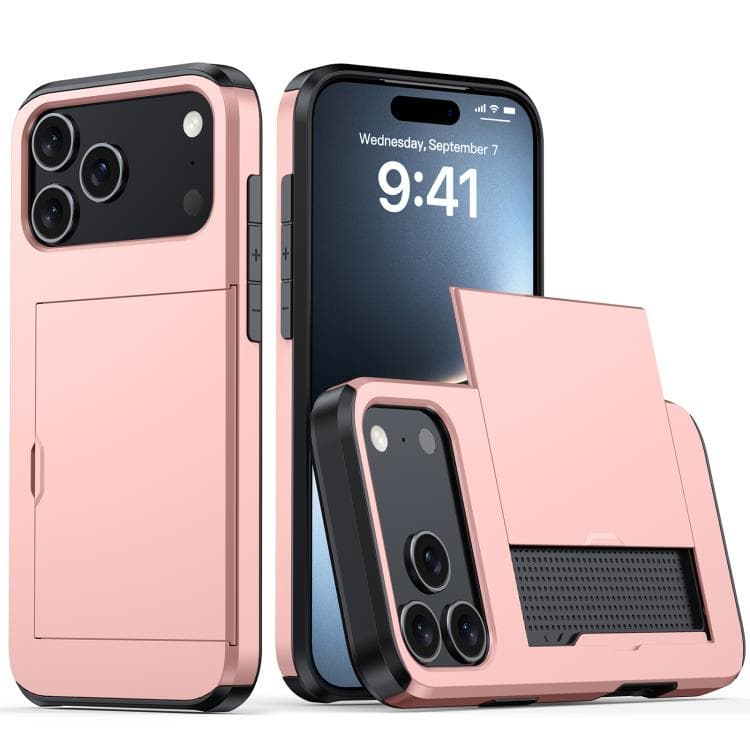 For iPhone 17 Pro Max Shockproof Armor Phone Case with Card Slot(Rose Gold)