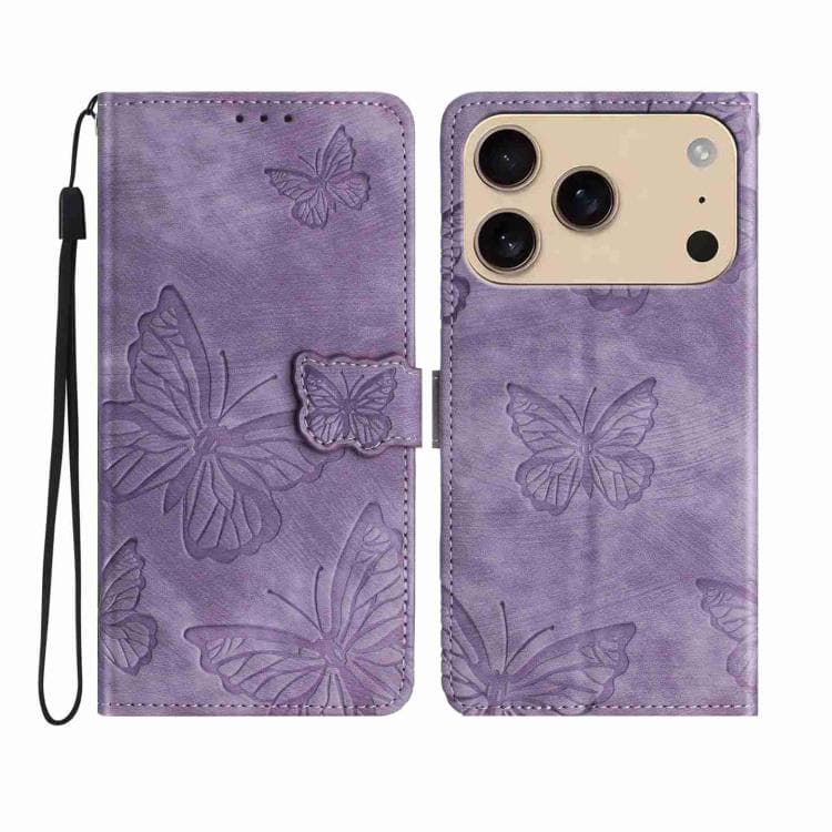 For iPhone 17 Pro Max Skin-feel Embossed Butterfly Leather Phone Case(Purple) - Immagine 1