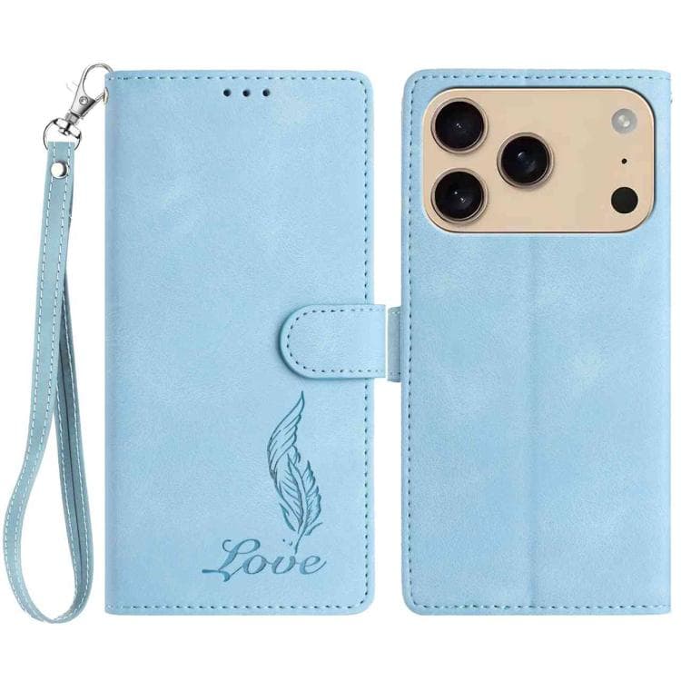 For iPhone 17 Pro Max Skin Feel Embossed Feather Leather Phone Case(Light Blue) - Immagine 1