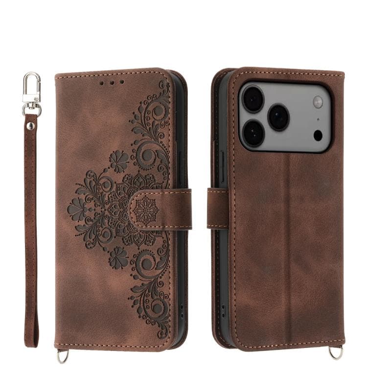 For iPhone 17 Pro Max Skin-feel Flowers Embossed Wallet Leather Phone Case(Brown) - Immagine 1