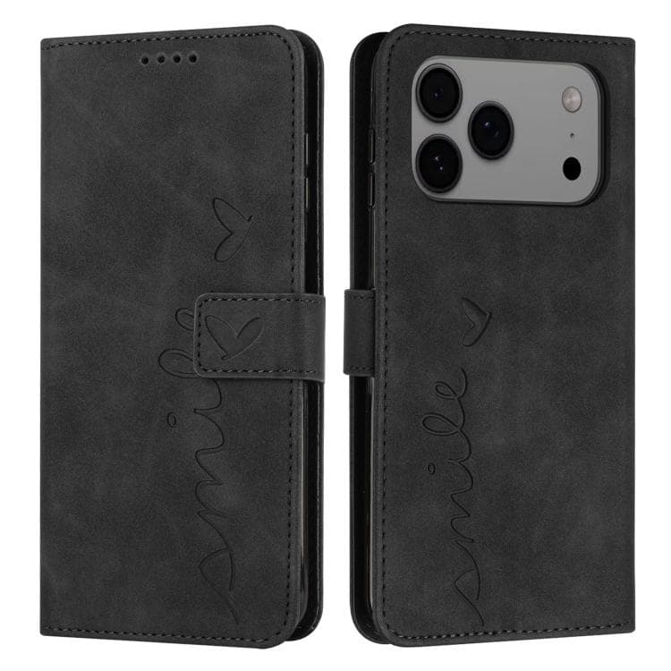 For iPhone 17 Pro Max Skin Feel Heart Embossed Leather Phone Case with Long Lanyard(Black) - Immagine 1