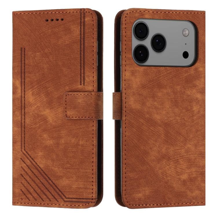 Custodia in pelle con motivo a strisce e laccetto per iPhone 17 Pro Max (Marrone) - Immagine 1