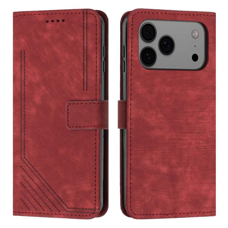 Fodero in pelle con motivo a strisce e laccetto per iPhone 17 Pro Max (Rosso) - Immagine 1