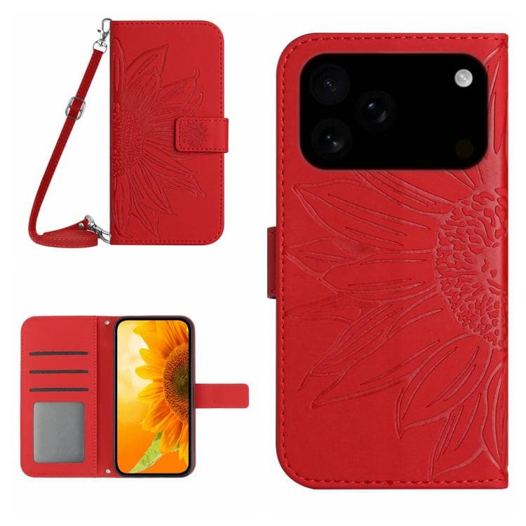 Per iPhone 17 Pro Max Custodia in Pelle Flip con Motivo Girasole e Cordino (Rosso) - Immagine 1