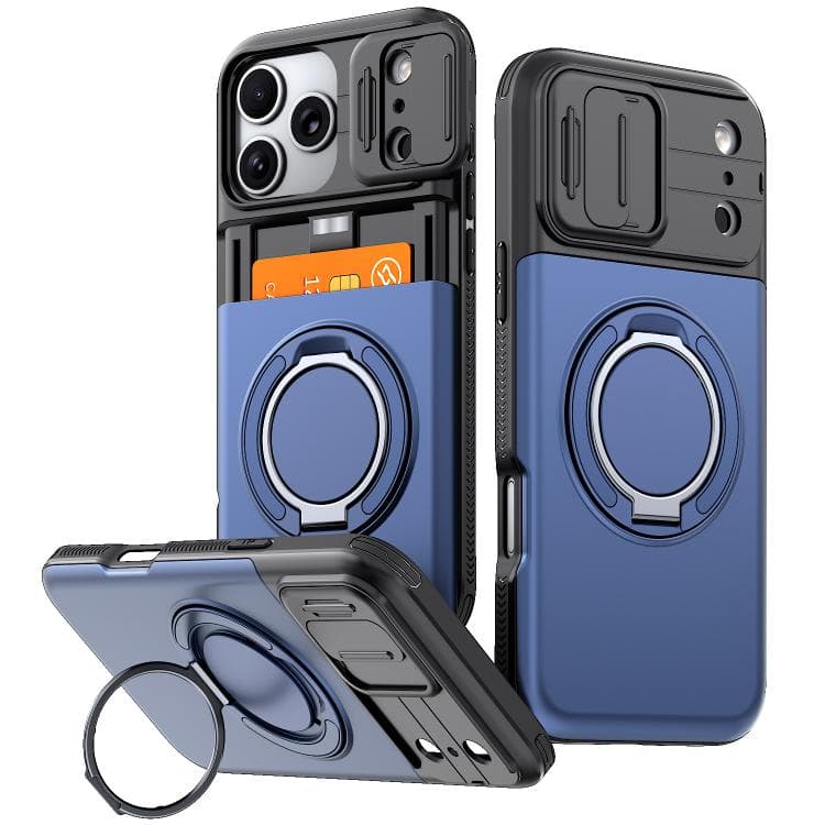For iPhone 17 Pro Max Slide Camera Shield Card Slot 360 Degree Rotation Holder Phone Case(Blue) - Immagine 1
