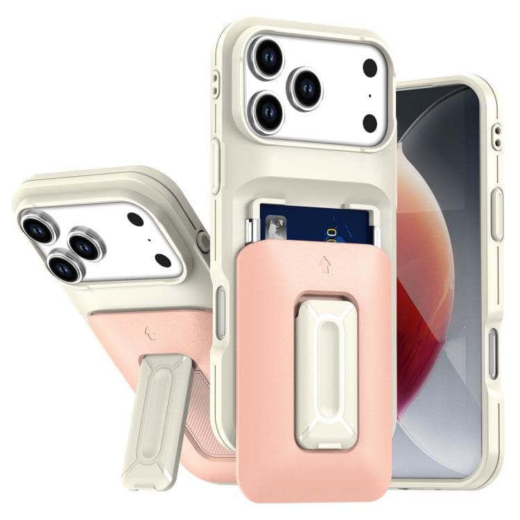 For iPhone 17 Pro Max Sliding Card Holder Integrated Phone Case with Kickstand(Beige Pink) - Immagine 1