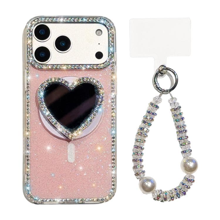 For iPhone 17 Pro Max Sparkling IMD Heart-Shaped Mirror Magnetic Phone Case with Bracelet(Glitter Light Pink) - Immagine 1