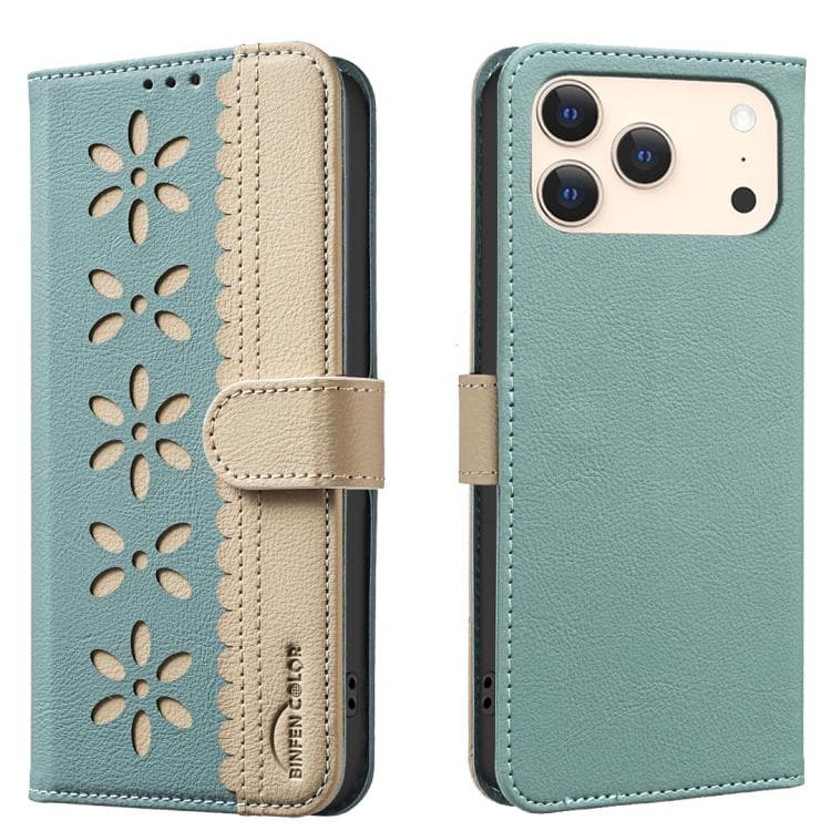 For iPhone 17 Pro Max Splicing Color Hollow Flower Pattern RFID Leather Phone Case(Green) - Immagine 1