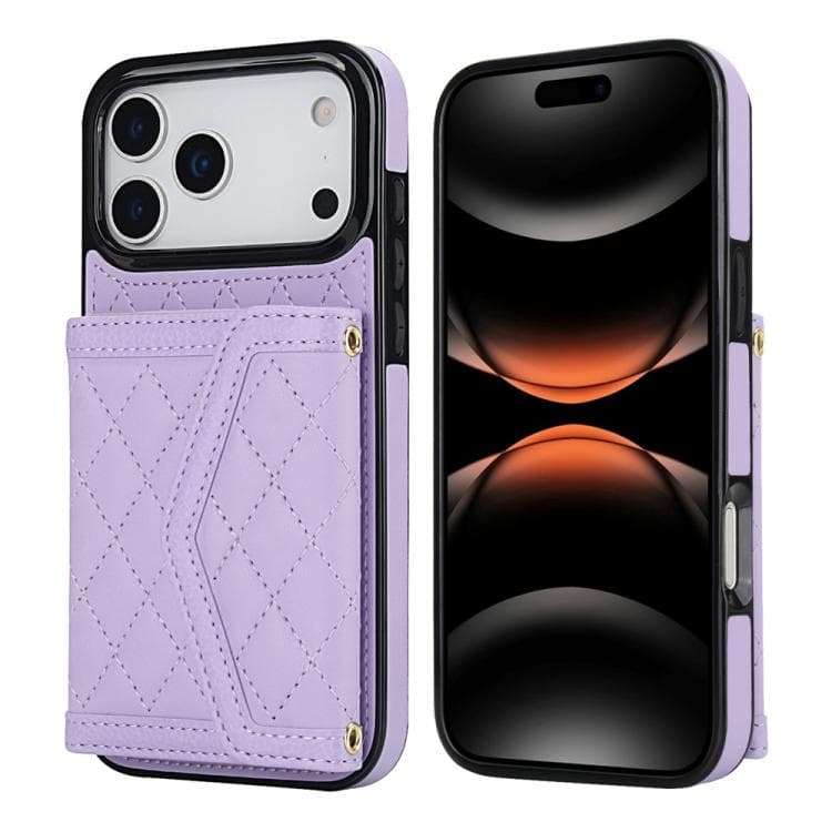 For iPhone 17 Pro Max Splicing Rhombic Texture Card Bag Phone Case with Long Lanyard(Purple) - Immagine 1