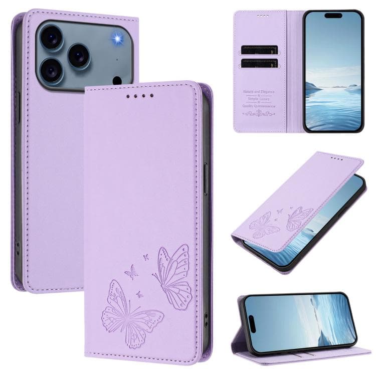 For iPhone 17 Pro Max Strong Magnetic Dual Butterfly RFID Vegan Leather Phone Case(Light Purple) - Immagine 1