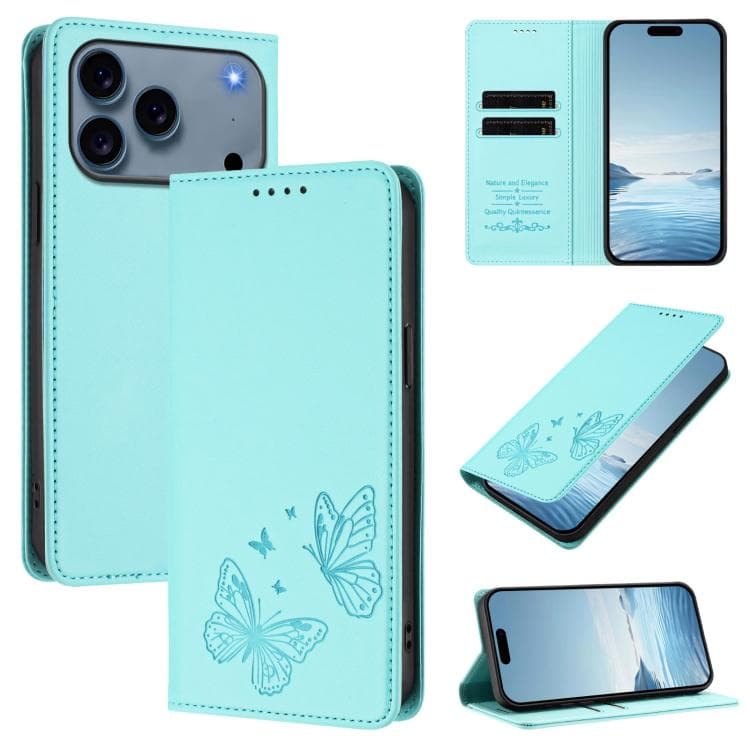 For iPhone 17 Pro Max Strong Magnetic Dual Butterfly RFID Vegan Leather Phone Case(Mint Green) - Immagine 1