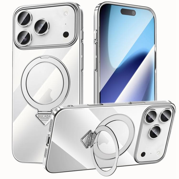 For iPhone 17 Pro Max SULADA Electroplated Transparent MagSafe Holder Phone Case(Silver) - Immagine 1