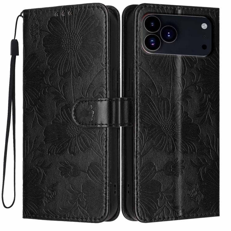 For iPhone 17 Pro Max Sunflower Embossed Vegan Leather Phone Case with Small Black Rope(Black) - Immagine 1