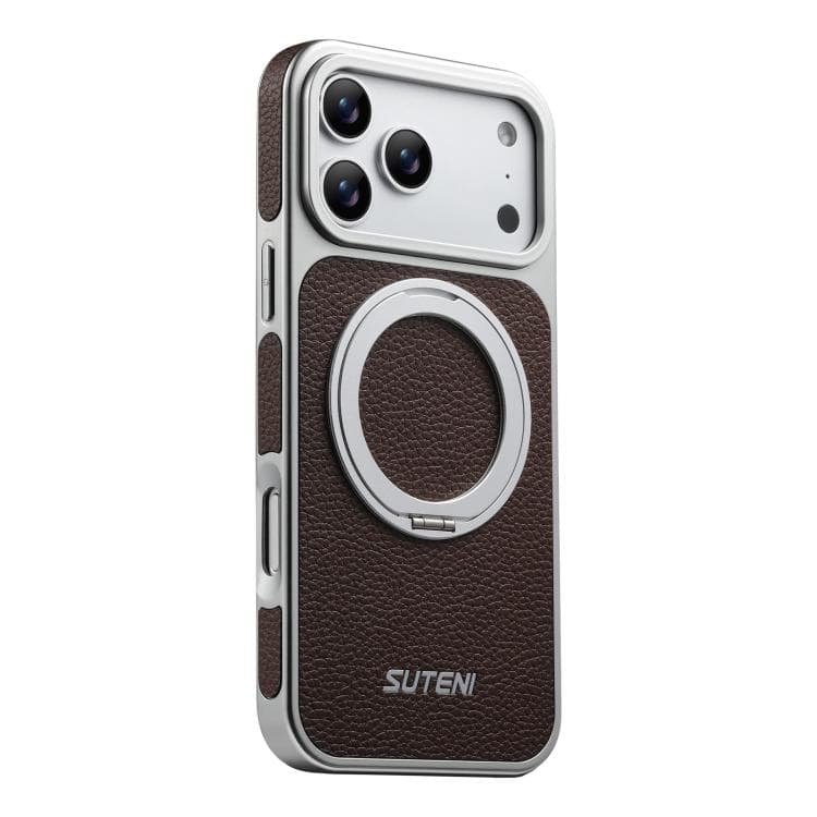 For iPhone 17 Pro Max Suteni G6 Large Litchi Texture Electroplated 360 Rotation Holder Magnetic Phone Case(Brown) - Immagine 1