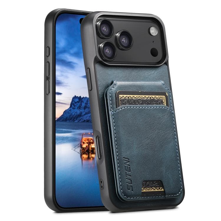 For iPhone 17 Pro Max Suteni H02 Leather Wallet Stand Back Phone Case(Blue) - Immagine 1