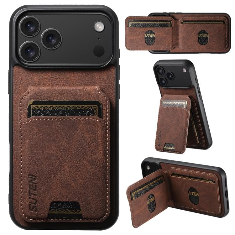 For iPhone 17 Pro Max Suteni H02 Litchi Leather Card Wallet Stand Back Phone Case(Brown) - Immagine 1