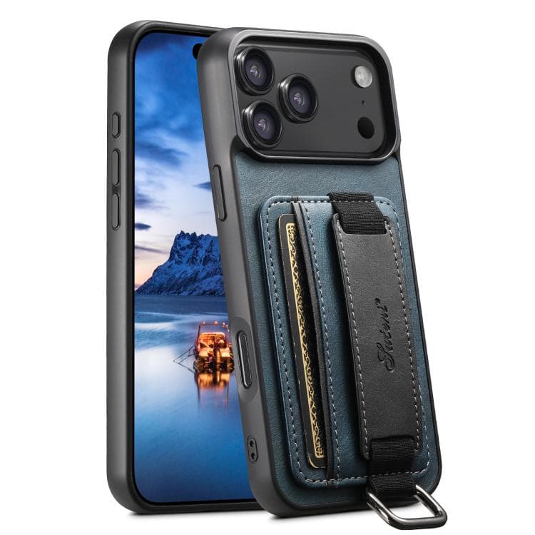 For iPhone 17 Pro Max Suteni H13 Card Wallet Wrist Strap Holder PU Phone Case(Blue) - Immagine 1