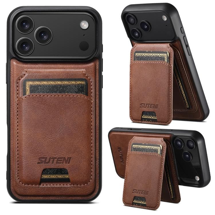 For iPhone 17 Pro Max Suteni M5 Magnetic Card Bag MagSafe Cowhide Texture Leather Phone Case(Brown) - Immagine 1
