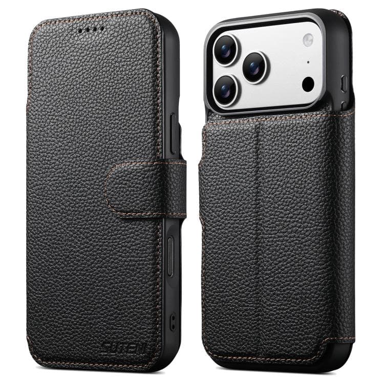 For iPhone 17 Pro Max Suteni Q05 -in-1 Multi-function MagSafe Wallet Big Litchi Leather Phone Case(Black) - Immagine 1