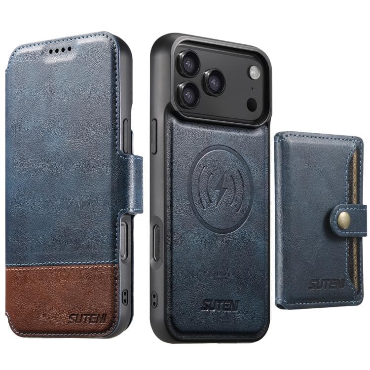 For iPhone 17 Pro Max Suteni Q06S1 3-in-1 Splicing Detachable Wallet MagSafe Leather Phone Case(Blue) - Immagine 1