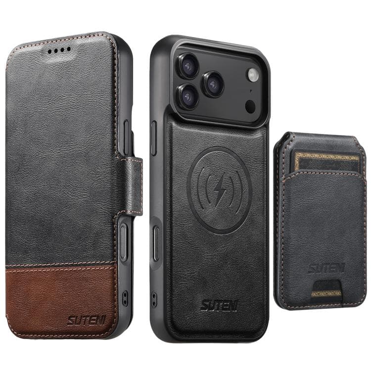 For iPhone 17 Pro Max Suteni Q06S2 3-in-1 Detachable Vertical Flip Wallet MagSafe Splicing Leather Phone Case(Black) - Immagine 1