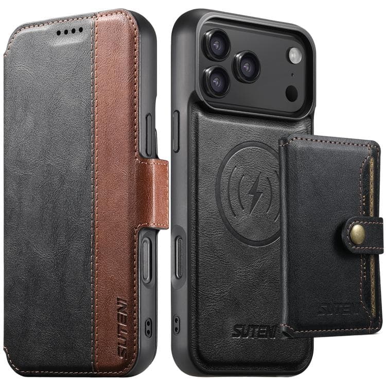 For iPhone 17 Pro Max Suteni Q07S1 3-in-1 Detachable Wallet MagSafe Splicing Leather Phone Case(Black) - Immagine 1