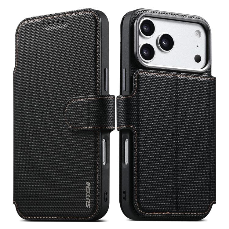 Per iPhone 17 Pro Max Suteni Q09 Portafoglio Magnetico Staccabile 2 in 1 Custodia in Pelle Vegana con Texture Triangolare (Nero) - Immagine 1