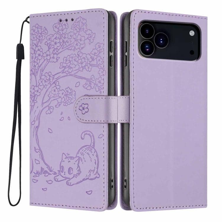 For iPhone 17 Pro Max Tree Cat Embossed Flip Vegan Leather Phone Case(Purple) - Immagine 1