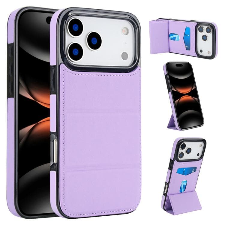 For iPhone 17 Pro Max Tri-fold Holder Leather Phone Case with Card Slot(Light Purple) - Immagine 1