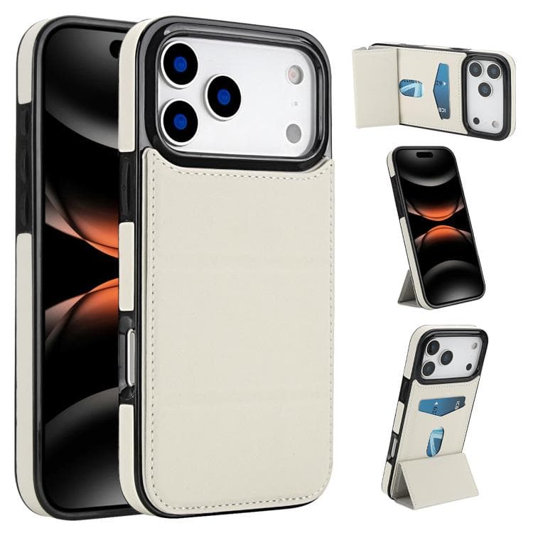 For iPhone 17 Pro Max Tri-fold Holder Leather Phone Case with Card Slot(White) - Immagine 1