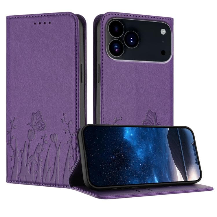 For iPhone 17 Pro Max Tulips Butterfly Pattern Magnetic Vegan Leather Phone Case(Dark Purple) - Immagine 1