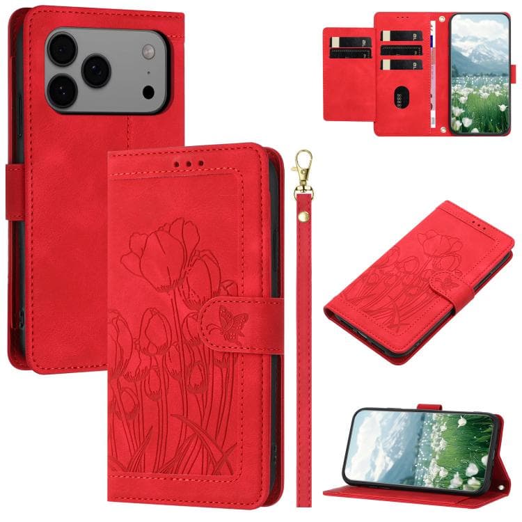 For iPhone 17 Pro Max Tulips Embossed Leather Phone Case with Lanyard(Red) - Immagine 1