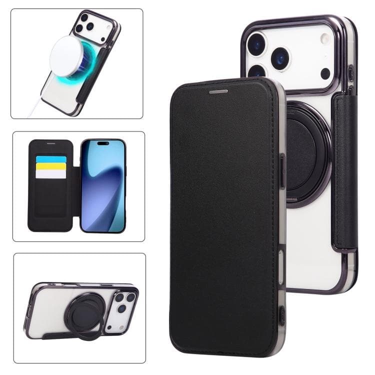For iPhone 17 Pro Max Ultra-thin Rotation Holder Magnetic Plating Vegan Leather Phone Case(Black)